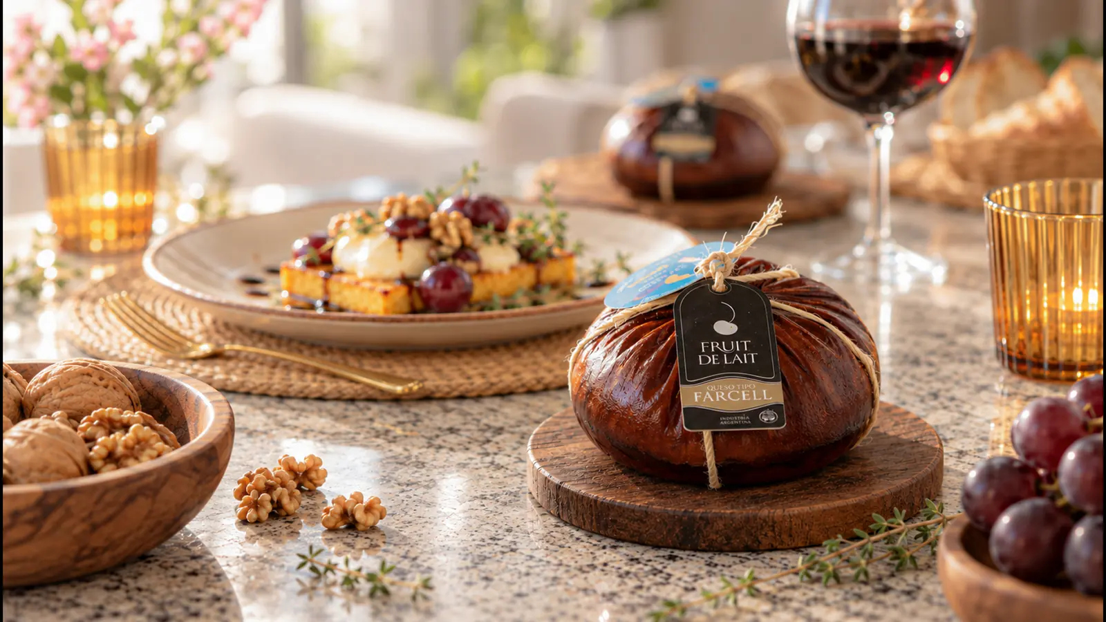 Farcell Fruit de Lait tibio sobre polenta crocante con uvas asadas, nueces y reducción de aceto