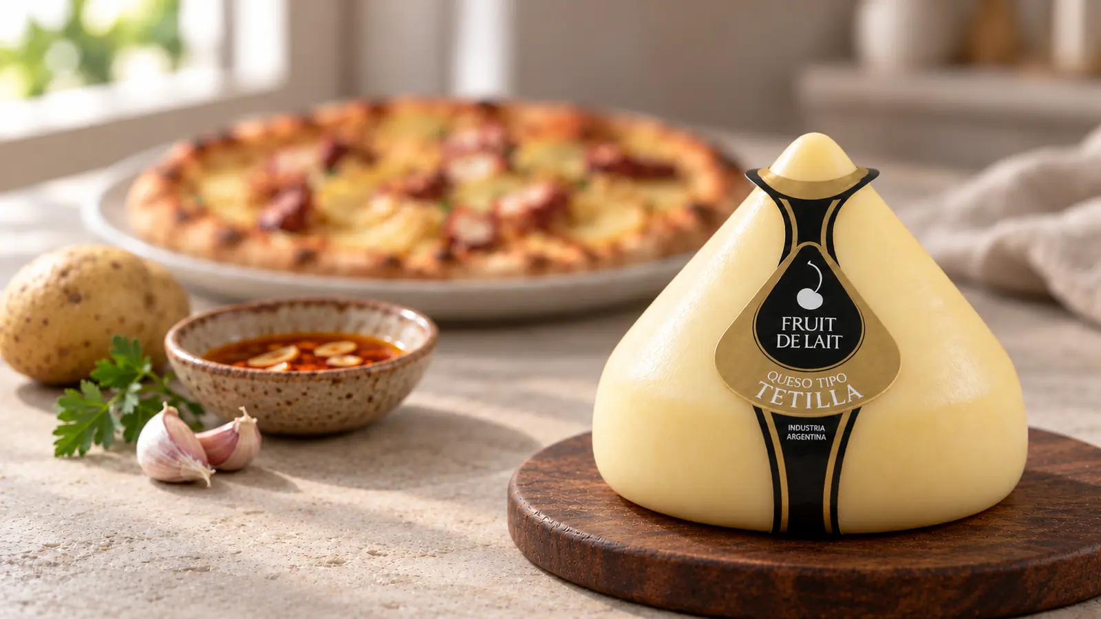 Pizza blanca de pulpo grillado con queso Tetilla Fruit de Lait, papa finísima y ajada de pimentón